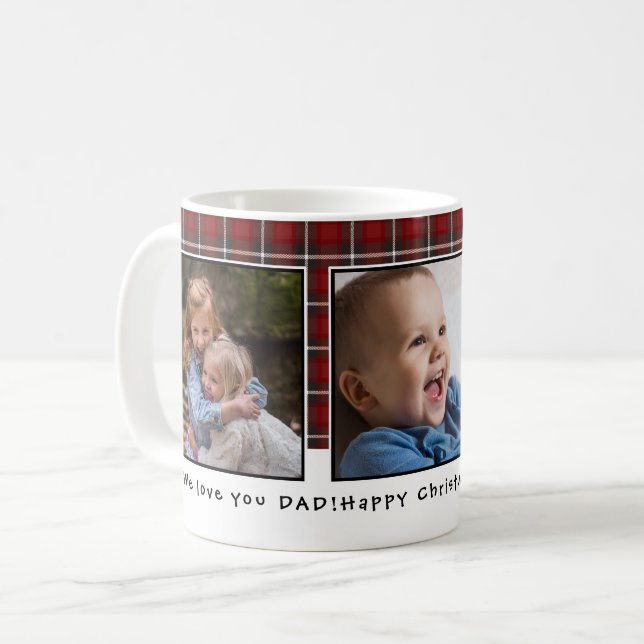 Personalized Red Plaid Christmas 3 Photo Coffee Mug (Front Left)