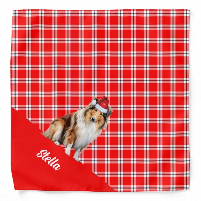 Personalized Red Plaid Collie Santa Dog Christmas Bandana (Front)