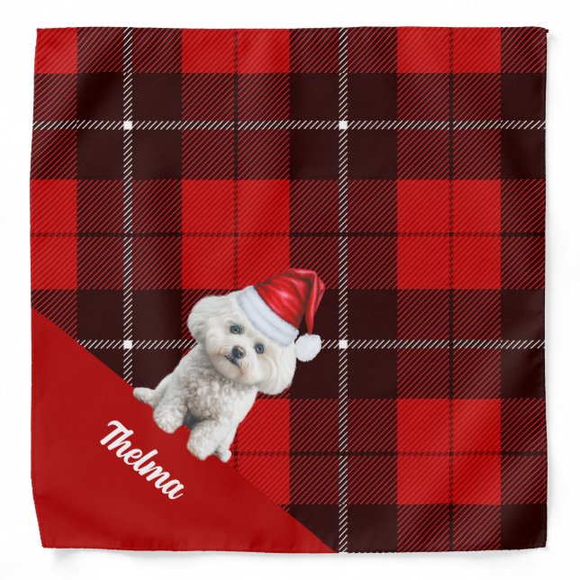 Personalized Red Plaid Coton de Tulear Christmas Bandana (Front)