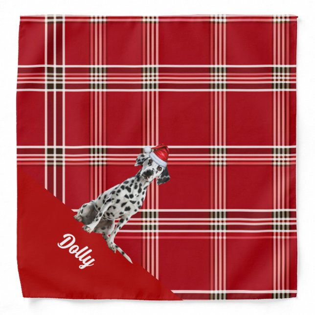 Personalized Red Plaid Dalmatian Dog Christmas Bandana (Front)