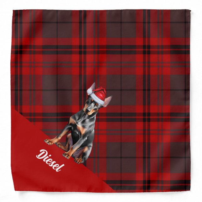 Personalized Red Plaid Doberman Dog Christmas Bandana (Front)