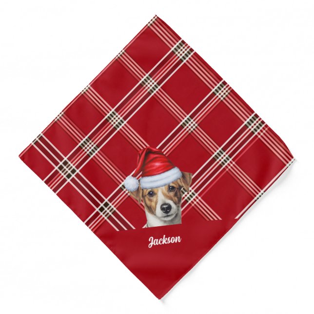 Personalized Red Plaid Jack Russell Dog Christmas Bandana (Front)