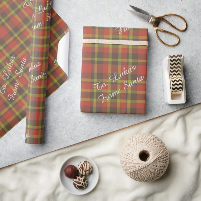 Personalized Red Plaid Kids Holiday Santa Gift Wrapping Paper (Crafts)