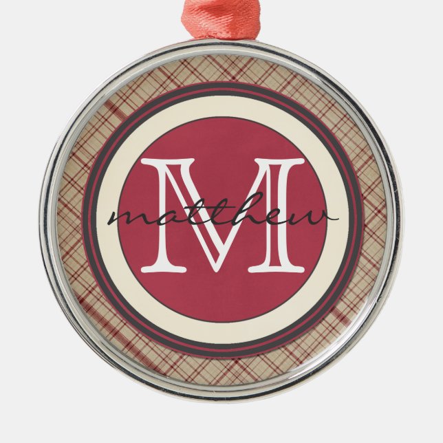 Personalized Red PLaid Monogram Metal Ornament (Front)
