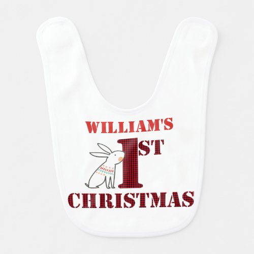 Personalized Red Plaid Rabbit First Christmas Baby Bib