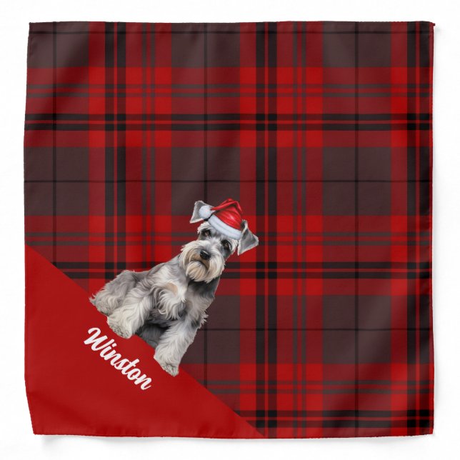 Personalized Red Plaid Schnauzer Dog Christmas Bandana (Front)