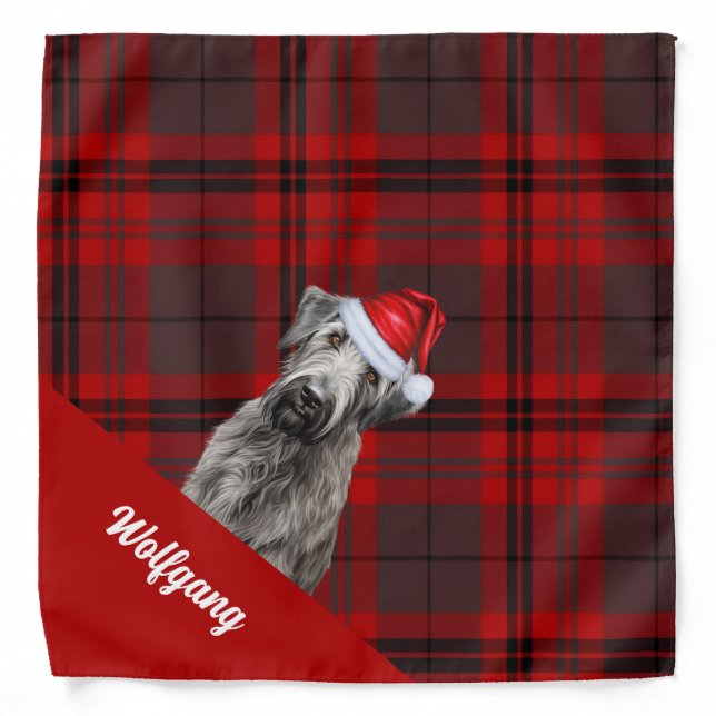 Personalized Red Plaid Wolfhound Dog Christmas Bandana (Front)