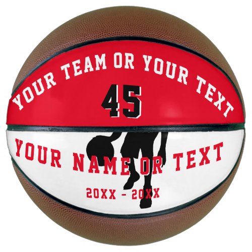 Personalized Red Player Silhouette Team Name Kids Basketball - Personalized Red Black Player Silhouette Team Name Kids Basketball. Custom basketball ball with a black basketball player silhouette and custom text in red, black and white colors. Personalize the ball with a team name, player`s number, player`s name and year - change any text on the ball with yours if you want. A great keepsake to remember the favorite sports and a perfect gift for a basketball player, teammates, coach, your friends and family.