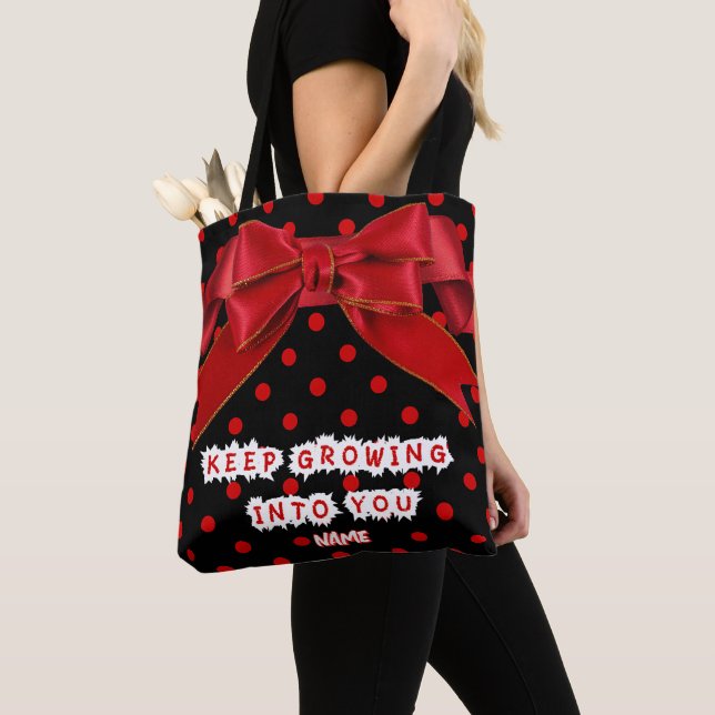 Personalized Red Polka Dot Bow Tote Bag (Close Up)
