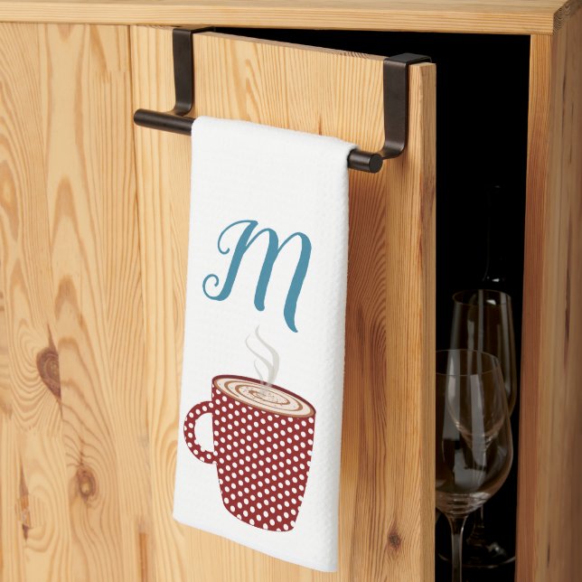 Personalized Red Polka Dot Coffee Kitchen Towels (Thirds Fold)