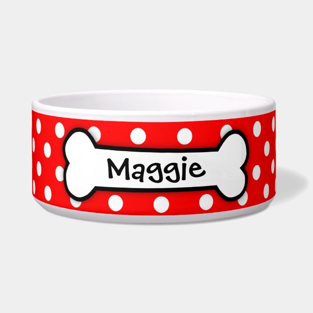 Personalized Red Polka Dot Dog Bowl (Front)