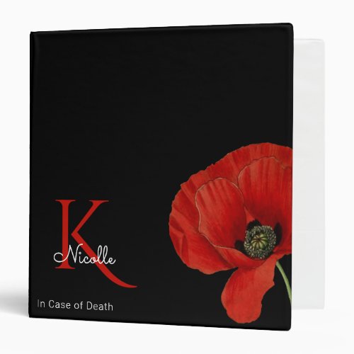 Personalized Red Poppy In Case of Death 3 Ring Binder