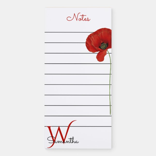 Personalized Red Poppy Lined Feminine Floral Magnetic Notepad (Front)