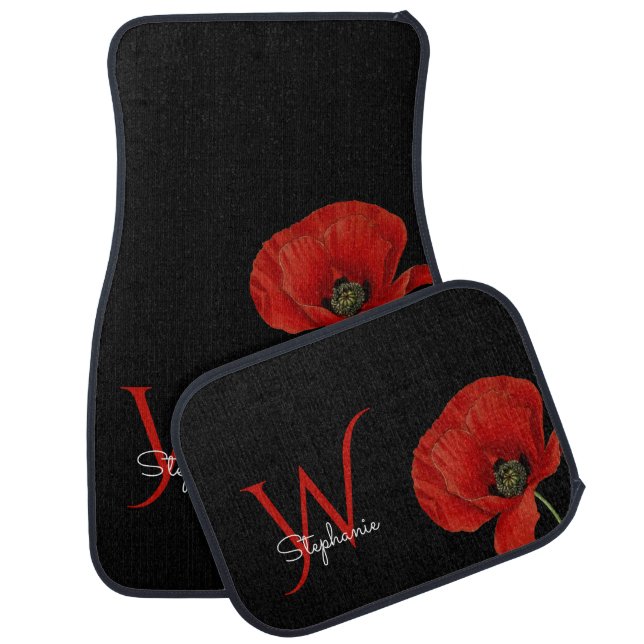 Personalized Red Poppy on Black  Car Floor Mat (Set)