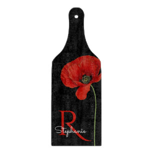 Personalized Red Poppy on Black Cutting Board