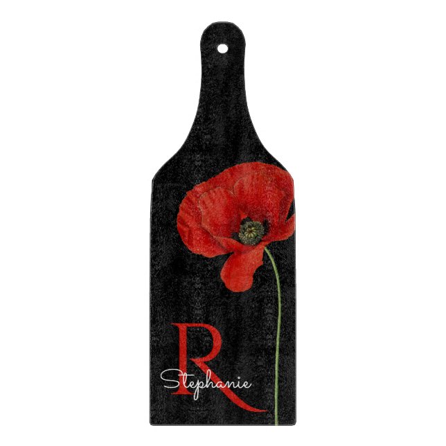 Personalized Red Poppy on Black  Cutting Board (Front)