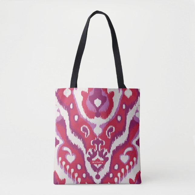 Personalized red purple Ikat Pattern Bridesmaid Tote Bag (Front)