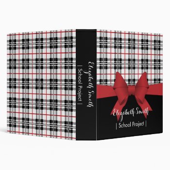 Personalized Red Ribbon And Tartan Plaid 3 Ring Binder by WindUpEgg at Zazzle