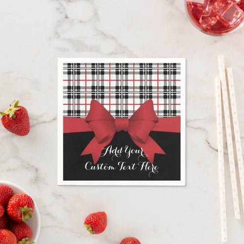 Personalized Red Ribbon and Tartan Plaid Napkins