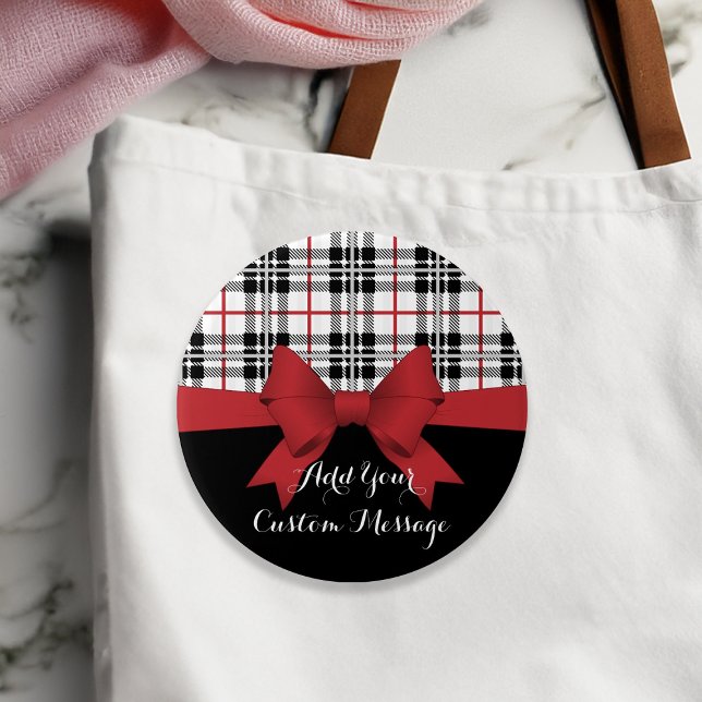 Personalized Red Ribbon and Tartan Plaid Pinback Button (Creator Uploaded)