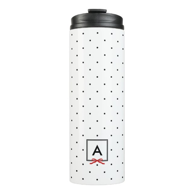 Personalized Red Ribbon Polka Dot Pattern Monogram Thermal Tumbler (Front)