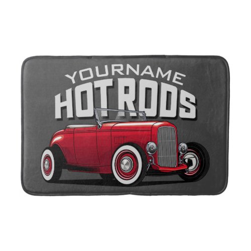 Personalized Red Roadster Vintage Hot Rod Shop  Bath Mat