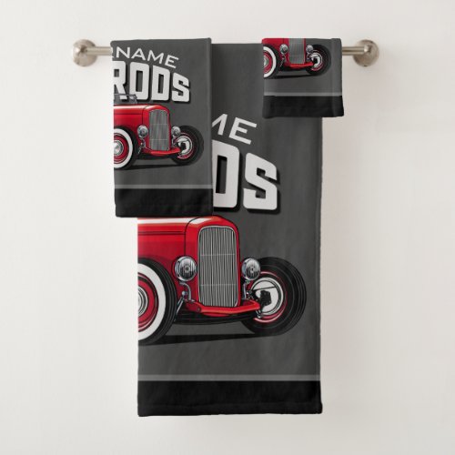Personalized Red Roadster Vintage Hot Rod Shop  Bath Towel Set