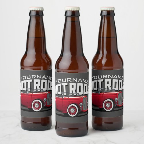 Personalized Red Roadster Vintage Hot Rod Shop Beer Bottle Label