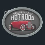 Personalized Red Roadster Vintage Hot Rod Shop Belt Buckle<br><div class="desc">Personalized Custom NAME Red Roadster Hot Rod Shop Garage Gifts - Personalize with your Name or Custom Text - The ultimate UNIQUE gift for that Hot Rod,  Custom Classic Car Enthusiast!</div>