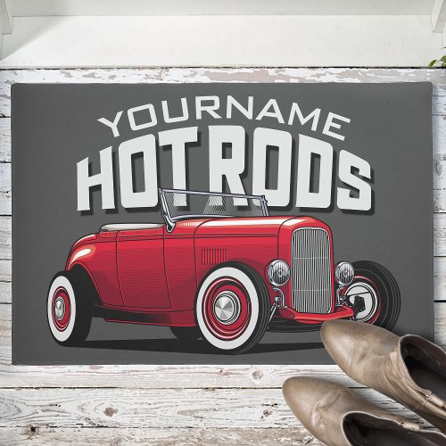 Personalized Red Roadster Vintage Hot Rod Shop Doormat