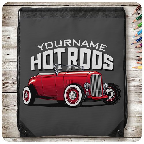 Personalized Red Roadster Vintage Hot Rod Shop  Drawstring Bag