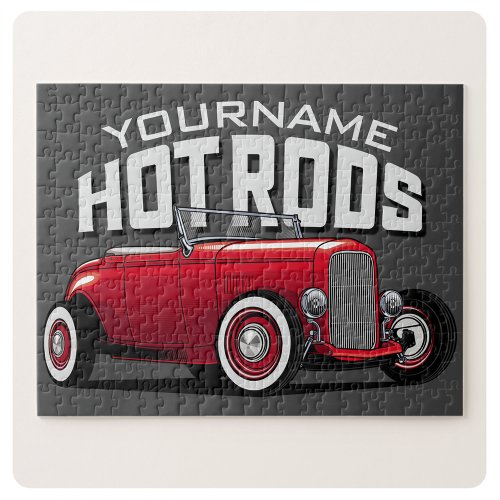 Personalized Red Roadster Vintage Hot Rod Shop  Jigsaw Puzzle