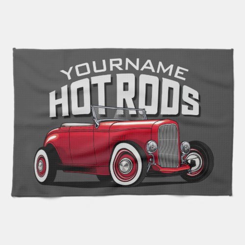 Personalized Red Roadster Vintage Hot Rod Shop  Kitchen Towel