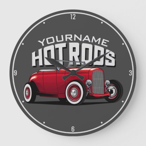 Personalized Red Roadster Vintage Hot Rod Shop Large Clock