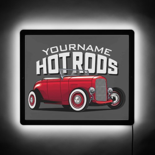 Personalized Red Roadster Vintage Hot Rod Shop LED Sign