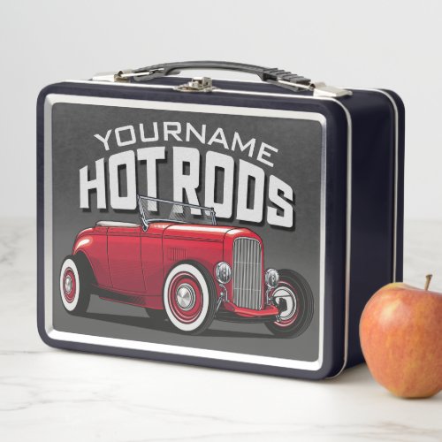 Personalized Red Roadster Vintage Hot Rod Shop  Metal Lunch Box