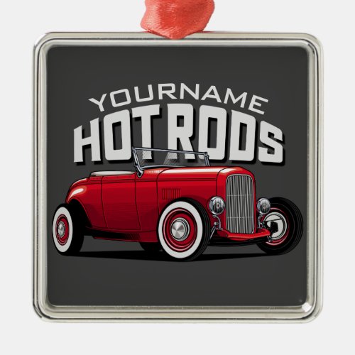 Personalized Red Roadster Vintage Hot Rod Shop  Metal Ornament