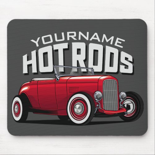 Personalized Red Roadster Vintage Hot Rod Shop Mouse Pad
