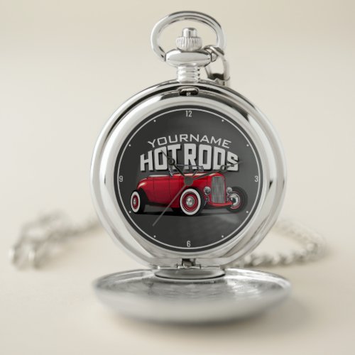Personalized Red Roadster Vintage Hot Rod Shop  Pocket Watch