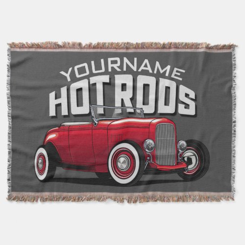 Personalized Red Roadster Vintage Hot Rod Shop Throw Blanket