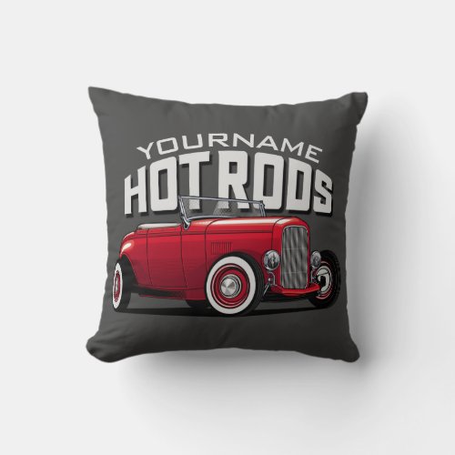 Personalized Red Roadster Vintage Hot Rod Shop Throw Pillow