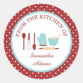 Personalized Red Robin And Blue Baking Kitchen Classic Round Sticker by melanileestyle at Zazzle