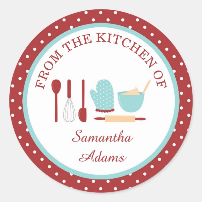 Personalized Red Robin and Blue Baking Kitchen Classic Round Sticker (Front)