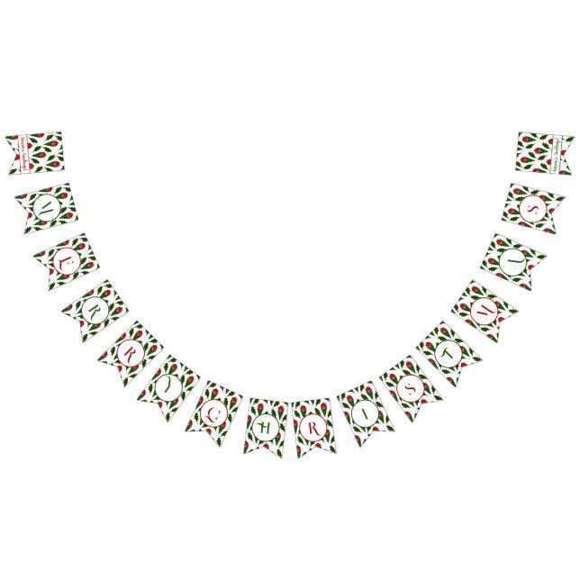 Personalized Red Roses Green Holly Merry Christmas Bunting Flags (All)