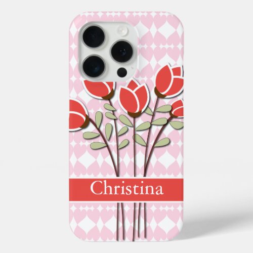 Personalized Red Roses on Pink Love Hearts iPhone 15 Pro Case