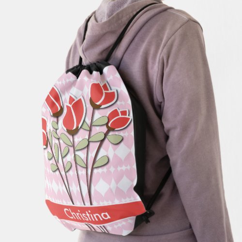 Personalized Red Roses on Pink Love Hearts Drawstring Bag