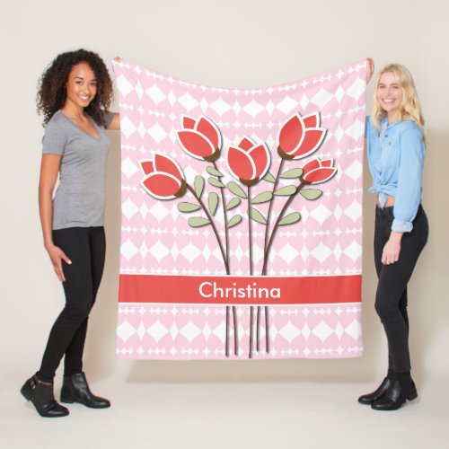 Personalized Red Roses on Pink Love Hearts Fleece Blanket