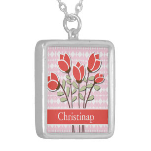 Personalized Red Roses on Pink Love Hearts Silver Plated Necklace