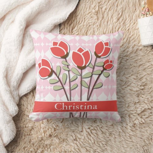 Personalized Red Roses on Pink Love Hearts Throw Pillow