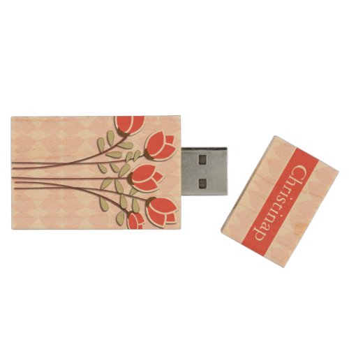 Personalized Red Roses on Pink Love Hearts Wood Flash Drive